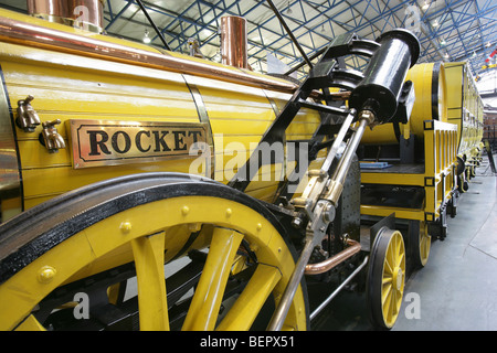 This replica of Stephenson’s Rocket is located in the Great Hall of the National Railway Museum. Stock Photo