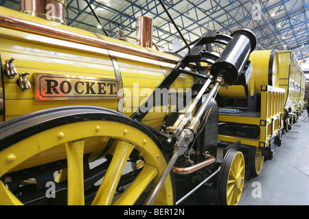 This replica of Stephenson’s Rocket is located in the Great Hall of the National Railway Museum. Stock Photo