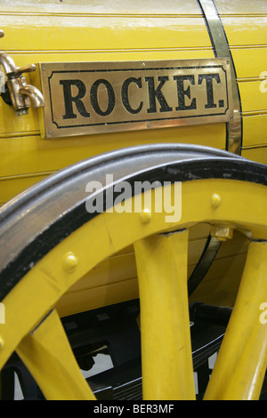 This replica of Stephenson’s Rocket is located in the Great Hall of the National Railway Museum. Stock Photo