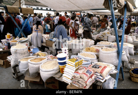 Grain and pasta seller.  Ecuadorian Highland Market. Stock Photo