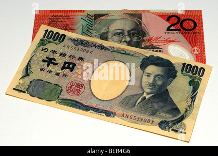 Australian Dollar and Japanese Yen Bank Notes. Stock Photo