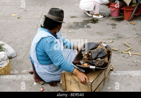 Woman squatting before a upturned wooden box with a metal tray of slabs of dried cooked meat.  Ecuador highlands local market. Stock Photo