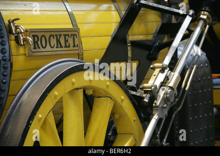 This replica of Stephenson’s Rocket is located in the Great Hall of the National Railway Museum. Stock Photo