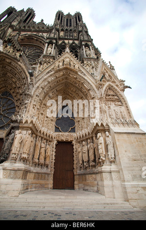 Rheims Cathedral (Cathedrale de Reims) details of sculpture front west in Champagne Ardenne Region France.098610 Reims Stock Photo