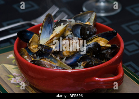 Cooked Mussels in red bowl Stock Photo