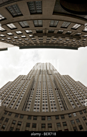 A view of the 'Empire State Building' through a 'fisheye lens' in 'New York City, New York.' Stock Photo