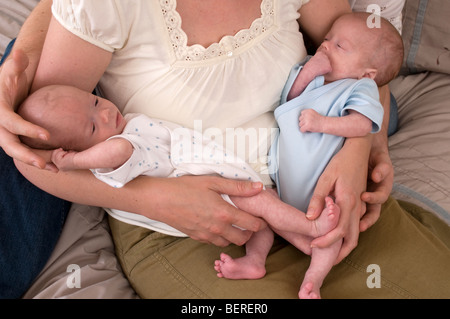 Mother cuddling identical twin baby boys, premature babies, 11 weeks old Stock Photo