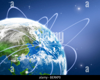 Network lights surrounding the earth, computer graphic Stock Photo