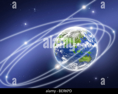 Network lights surrounding the earth, computer graphic Stock Photo