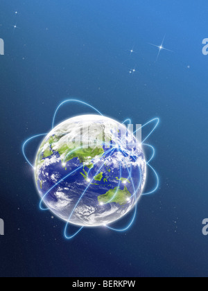 Network lights surrounding the earth, computer graphic Stock Photo