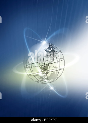 Network lights surrounding globe, computer graphic Stock Photo