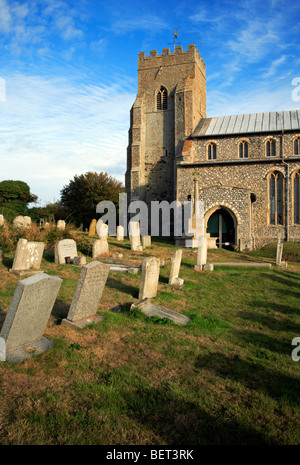 Tower and south porch of the Church of Saint Nicholas at Salthouse, Norfolk, England, United Kingdom. Stock Photo