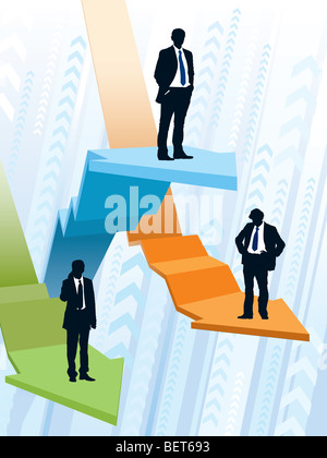 Businessmen are riding on large graphs, conceptual business illustration. Stock Photo