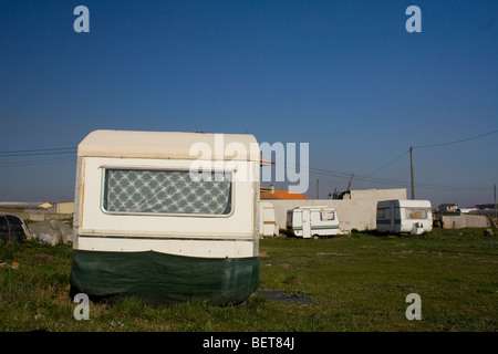 old caravans parked near the coast in Povoa de Varzim Portugal. Stock Photo