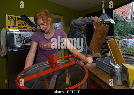 Beekeeper spins centrifugal extractor like a centrifuge pulling the honey from the honeycombs in house for home consumption Stock Photo