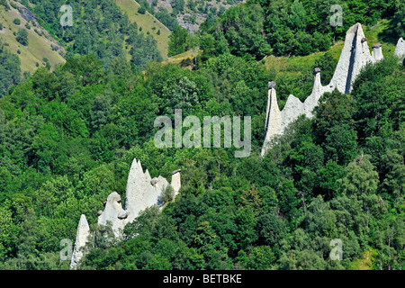 The Pyramids of Euseigne in the canton of Valais, Switzerland. Rocks of harder stone stacked on top Stock Photo