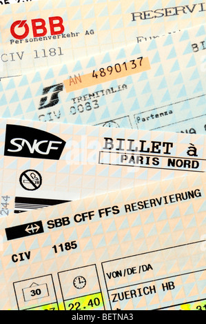 European Railway Tickets from Austria (OBB) Italy (Trenitalia) France (SNCF) and Switzerland (SBB / CFF / FFS) Stock Photo