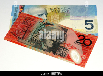 Canadian Dollar and Australian Dollar Bank Notes. Stock Photo