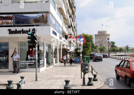 Thessaloniki Greece Nikis Avenue shops and the historic 16th century White Tower Stock Photo