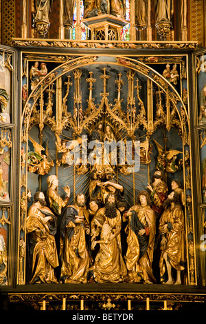 Centre section of altarpiece by Veit Stoss in the nave of St Marys Basilica, Krakow, near the East wall & apse. Krakow. Poland. Stock Photo