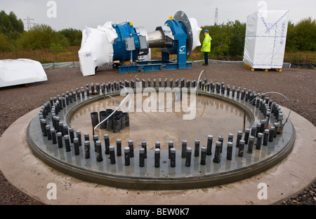 Concrete base with fixings for Nordex N90 wind turbine under construction at Solutia UK Ltd Newport South Wales UK Stock Photo
