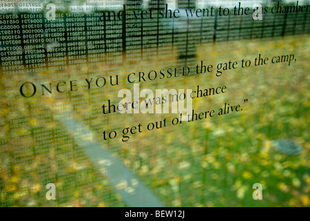 Poignant quotes on the glass walls of the Holocaust Memorial, Boston Massachusetts USA Stock Photo