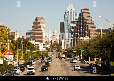 A view up South Congress Avenue to the Texas State Capitol in Austin, Texas, USA Stock Photo