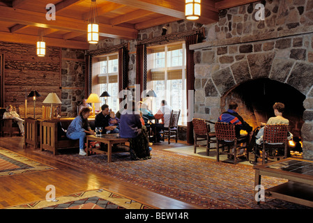 'The Great Hall' lobby and fireplace at Crater Lake Lodge; Crater Lake National Park, Oregon. Stock Photo