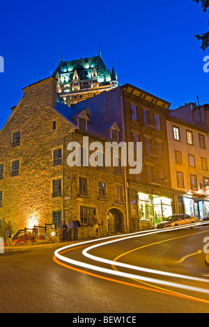 Fairmont Le Chateau Frontenac seen at blue hour from along Cote de la Montagne in Old Quebec,Quebec City,Quebec,Canada. UNESCO W Stock Photo