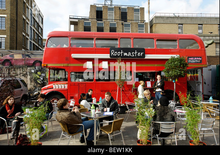 Rootmaster Cafe. Converted old AEC Routemaster bus at UpMarket in the Old Trueman Brewery. London. Britain. UK Stock Photo