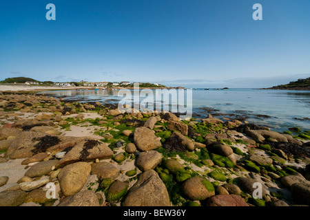 Ultra wide angle view of Old Town Bay, St. Mary's, Isles of Scilly, towards Tolman Point Stock Photo