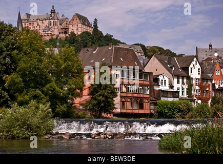 View of the Marburg castle and part of the city from the river Lahn Stock Photo