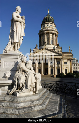 Berlin. Germany. Gendarmenmarkt. Statue of Friedrich Schiller and the French Cathedral Französischer Dom. Stock Photo