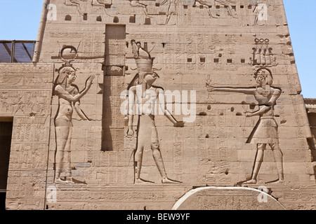 Reliefs at Temple of Isis on Philae Island, Aswan, Egypt Stock Photo