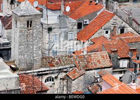 Over the rooftops of the old quarter of Split, Croatia, aerial perspective Stock Photo