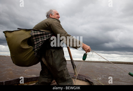 Commercial salmon fisherman rowing with net upstream the River Ribble Uk Stock Photo