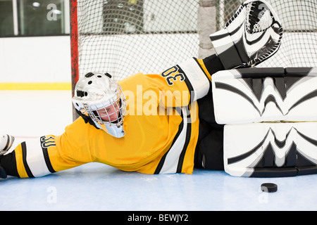 Ice hockey goalkeeper guarding goal Stock Photo