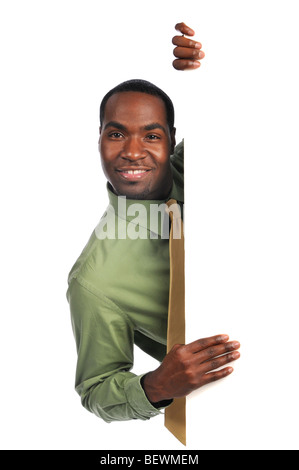 African american businessman holding blank sign isolated on a white background Stock Photo