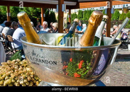 Champagne bottles chilling for guests in large wine cooler on outside restaurant terrace table Stock Photo