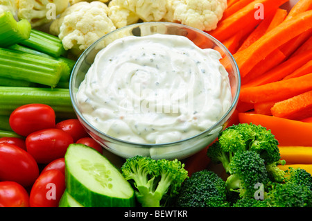 Platter of assorted fresh vegetables with dip Stock Photo
