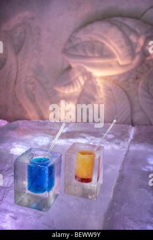 Drinks in ice mugs at N'Ice Bar, Ice Hotel in Duchesnay, government park in Quebec Province near Quebec City, Canada. Stock Photo