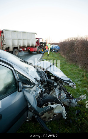 Car crash with HGV lorry on country lane in ice Stock Photo