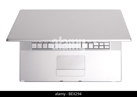 Hi-tech aluminium laptop top view on white. Stock Photo