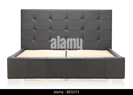 Black leather double bed isolated on white background Stock Photo