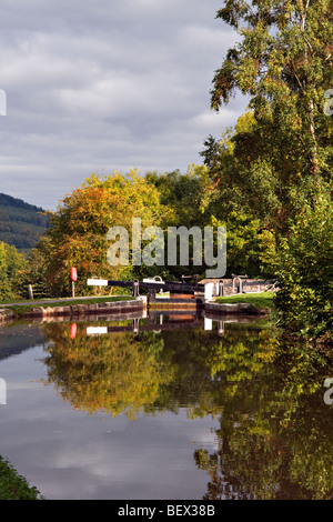 Perfect autumn reflection at Llangynidr locks, monmouth and Brecon Canal mid Wales Stock Photo