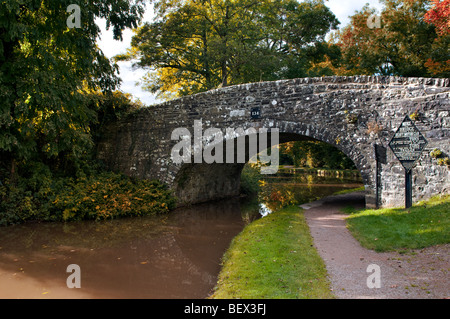 Old stone bridge 134 on the Monmouth and Brecon Canal taken at Llangynidr mid Wales with autumn colours and pretty reflection Stock Photo