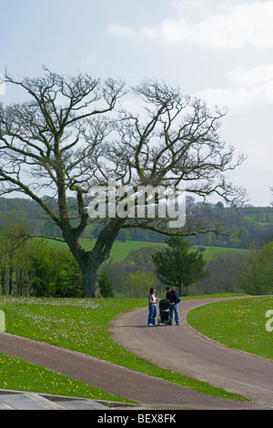 Family walking around the grounds of the National Botanical Garden of Wales, Llangarthne, Carmarthenshire, Wales, UK Stock Photo