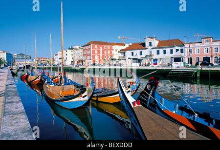 Portugal, Aveiro: Traditional Moliceiro boats  anchoring in the Canal Central Stock Photo