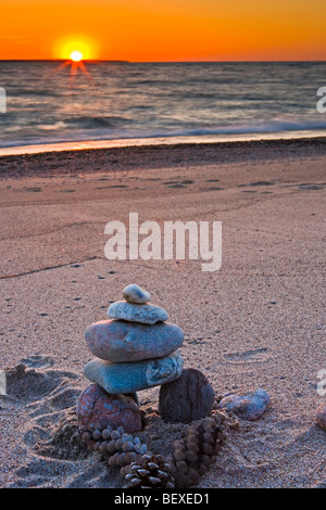 Stone man formation along the beach at Agawa Bay during sunset,Lake Superior,Lake Superior Provincial Park,Great Lakes,Ontario, Stock Photo