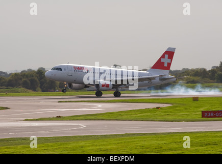 Swiss International Airlines Airbus A319-112 Airliner HB-IPU Landing at Manchester International Airport England United Kingdom Stock Photo